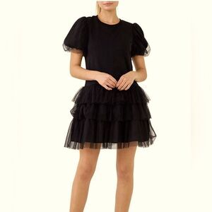 English Factory Black Ruffled Puff Sleeve Dress